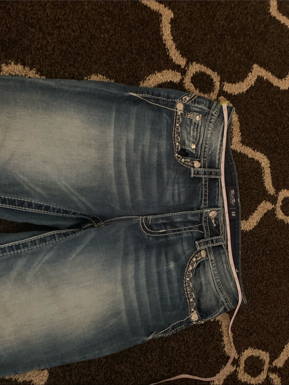 Miss Me Women's Boot Cut Jeans in Faded Blue with sequins and embroidery pockets
